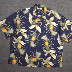 Tommy Bahama Silk Camp Shirt Mens XXL Blue Hawaiian Pineapple Print Loop Collar